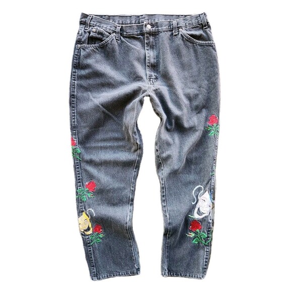 Dickies Denim - Vtg Dickies Jeans Women 40x30 Embroidered Performing Arts Comedy & Tragedy Roses
